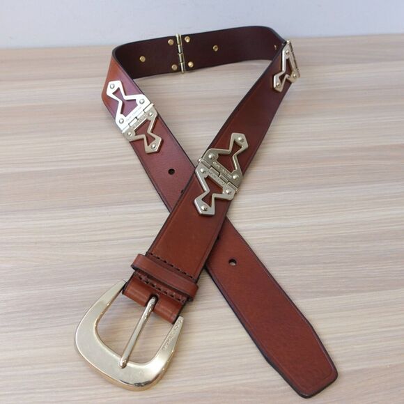 Chunky Studded Small Belt Brown MICHAEL KORS Leather Gold Hinged Heavy High End - Picture 1 of 11